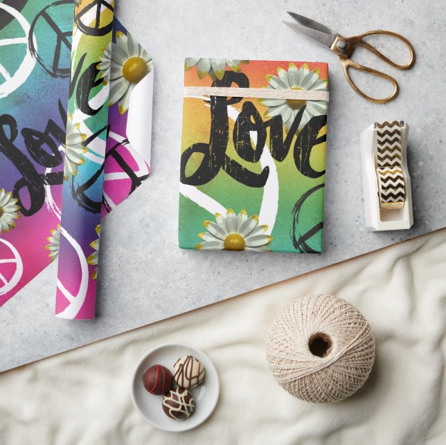 Färgfull fyrkantsfärgad Peace-symbol KÄRLEK-Daisy  Presentpapper (Hantverk)