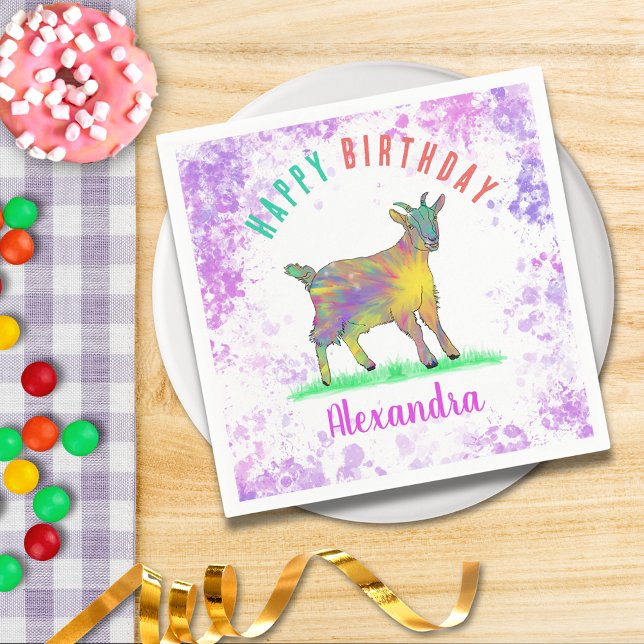 Färgfull gårm Goat Flick kalas Namn Pappersservett (Cute goat farm animal watercolor custom birthday party paper napkins)