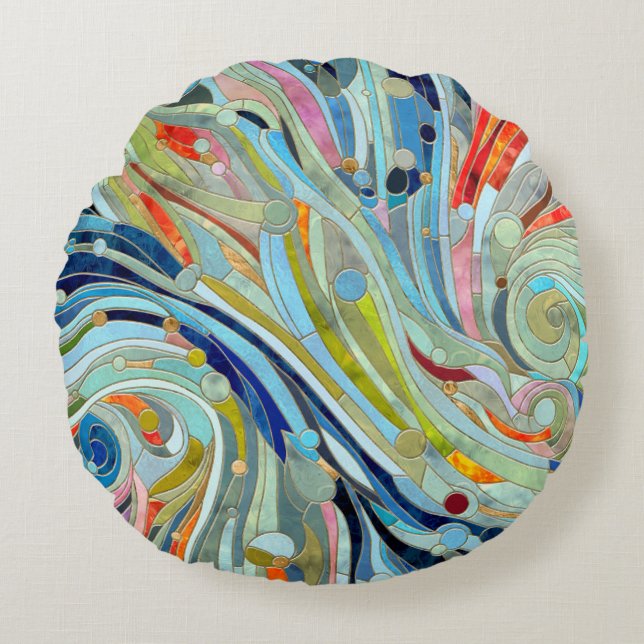 Färgfull geometrisk Abstrakt Mosaic Art Rund Kudde (Framsidan)