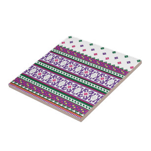 Färgfull geometrisk folkart-design med blommor kakelplatta