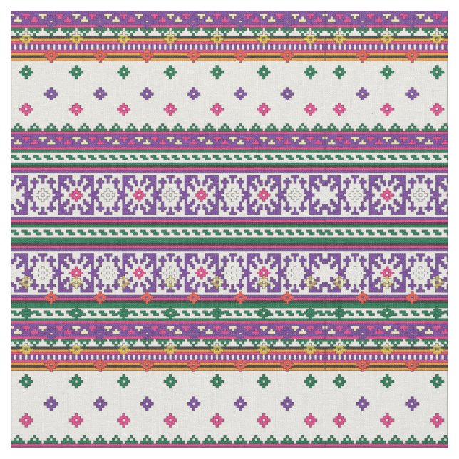 Färgfull geometrisk folkart-design med blommor tyg (Närbild)