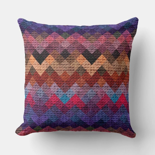 Färgfull geometrisk Mönster Burlap Rustic #3 Kudde (Framsida)