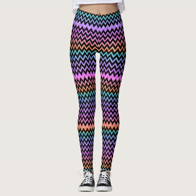 Färgfull Glitter & Black Chevron Leggings (Framsida)