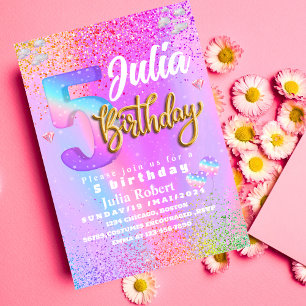 Färgfull Glitter Unicorn Rainbow Fem födelsedag Inbjudningar