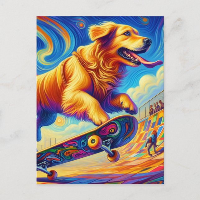 Färgfull Golden Retriever Skateboarding Vykort (Framsida)
