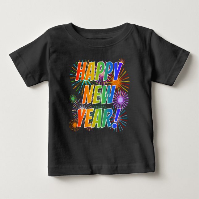 Färgfull "GOTT NYTT ÅR!" + Fireworks Mönster T Shirt (Framsida)