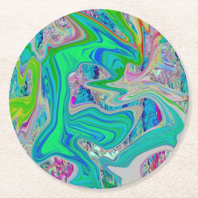 Färgfull grön Abstrakt i limmet Retro Liquid Art Underlägg Papper Rund (Framsidan)