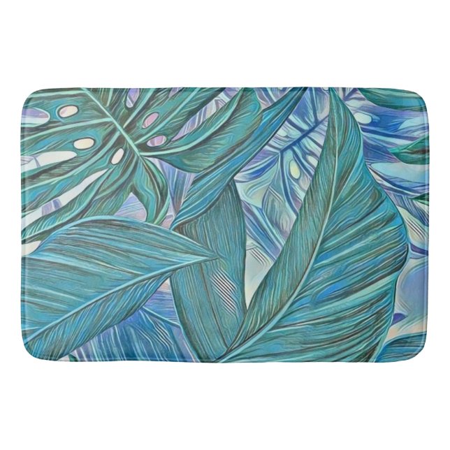 Färgfull grönt blå tropiska löv vattenfärg badrumsmatta (Framsidan)