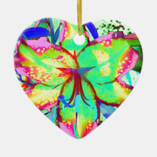 Färgfull grönt blommigt rosa lila tropical blommo julgransprydnad keramik