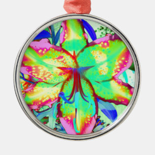 Färgfull grönt blommigt rosa lila tropical blommo julgransprydnad metall