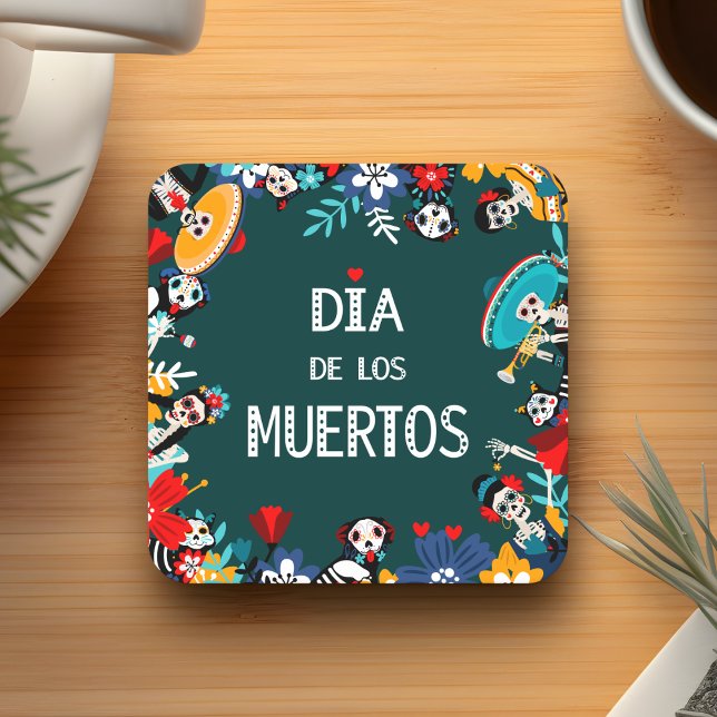 Färgfull Grönt Dia de los Muertos Circle of Life Underlägg Papper Kvadrat (Skapare uppladdad)