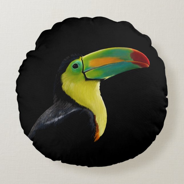 Färgfull Grönt för Tropical Black Gult Toucan Rund Kudde (Framsidan)