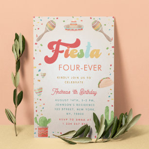 Färgfull Groovy Fiesta 4e födelsedagen fyra gånger Inbjudningar