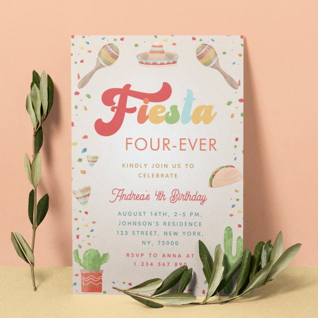 Färgfull Groovy Fiesta 4e födelsedagen fyra gånger Inbjudningar (Skapare uppladdad)