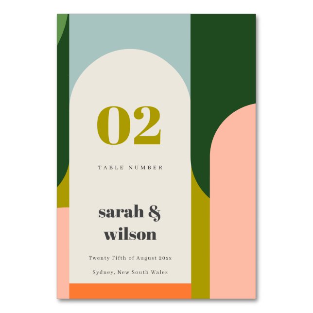 Färgfull Groovy Retro Arch Abstrakt fet Bröllop Bordsnummer (Framsidan)
