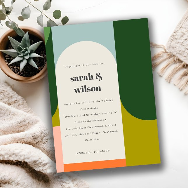 Färgfull Groovy Retro Arch Abstrakt fet Bröllop Inbjudningar (Skapare uppladdad)