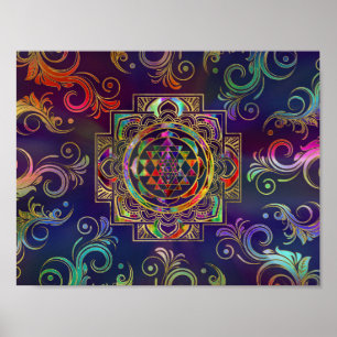 Färgfull Guld inramade Sri Yantra Sri Chakra Poster