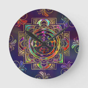 Färgfull Guld inramade Sri Yantra Sri Chakra Rund Klocka