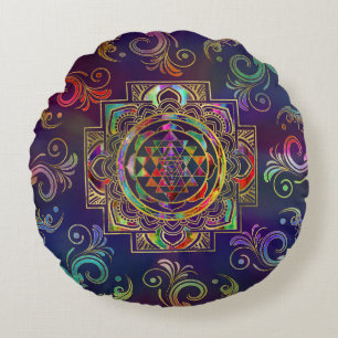 Färgfull Guld inramade Sri Yantra Sri Chakra Rund Kudde