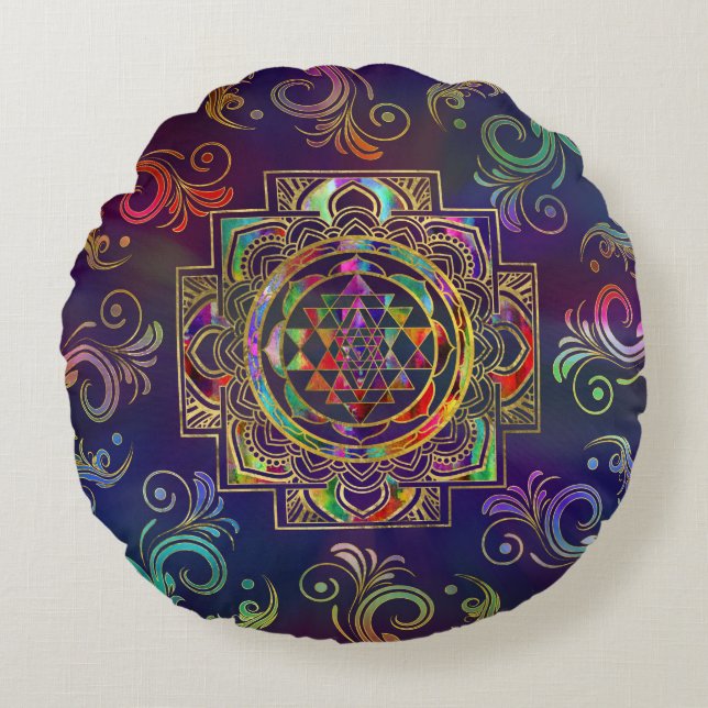 Färgfull Guld inramade Sri Yantra Sri Chakra Rund Kudde (Framsidan)