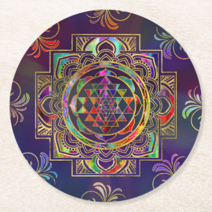 Färgfull Guld inramade Sri Yantra Sri Chakra Underlägg Papper Rund