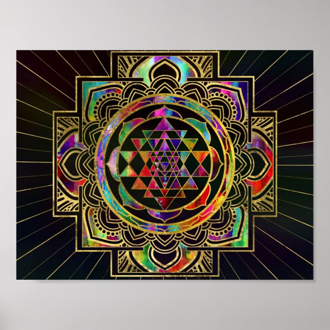 Färgfull Guld satte in Sri Yantra Sri Chakra Poster (Framsidan)