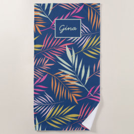 Färgfull Handflatan Tropical Löv på Mörk blått