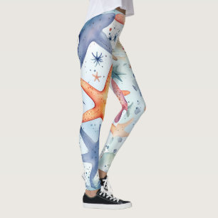 Färgfull havsbotten, havsstjärnor, vattenfärgskons leggings