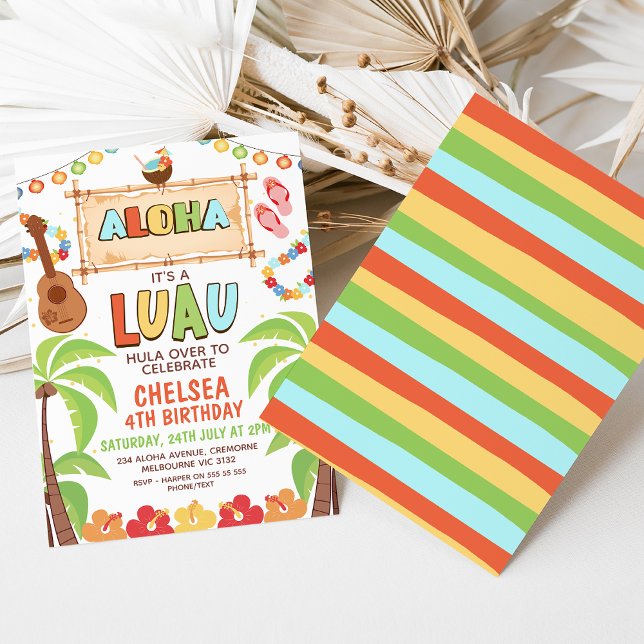 Färgfull Hawaiian Aloha Luau Birthday-inbjudan Inbjudningar (Aloha Luau Birthday Invitation, Aloha Tropical Party Invite Template, Hawaiian Luau Summer Party)