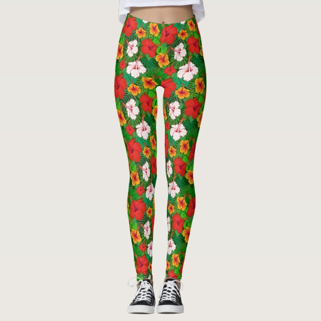 Färgfull hawaiisk tropisk Hibiscus Flower Helgdag Leggings (Framsida)