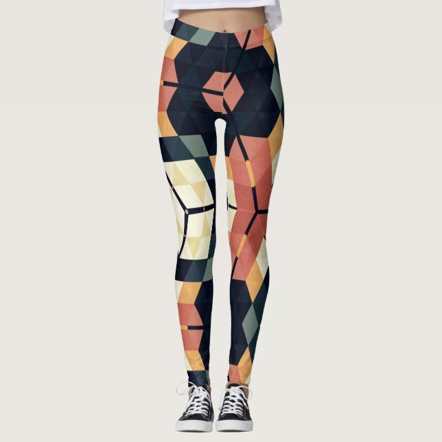 Färgfull hexagonkvadrat Geometric Mönster Leggings (Framsida)
