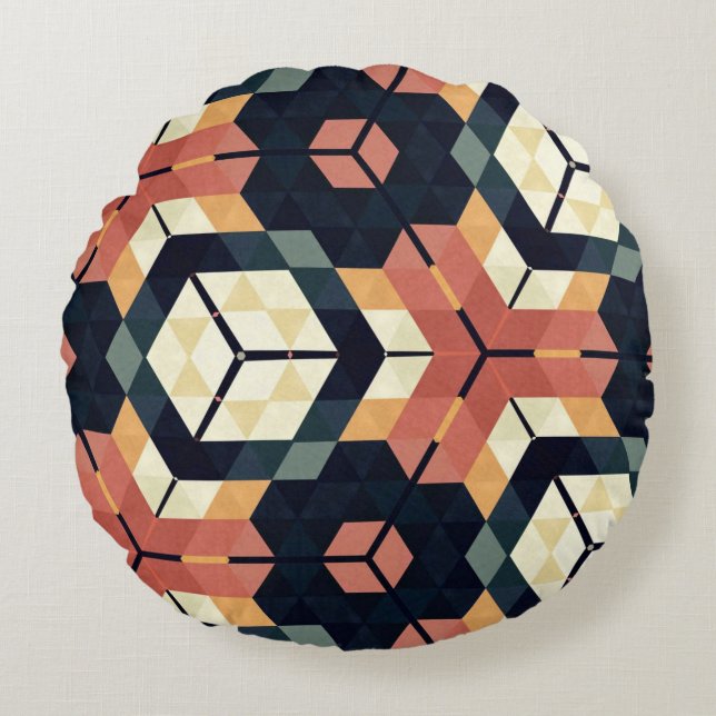 Färgfull hexagonkvadrat Geometric Mönster Rund Kudde (Framsidan)