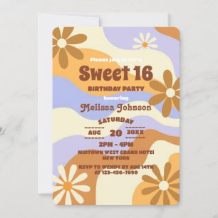 Färgfull Hippie Flower Retro Groovy Sweet 16 Inbjudningar