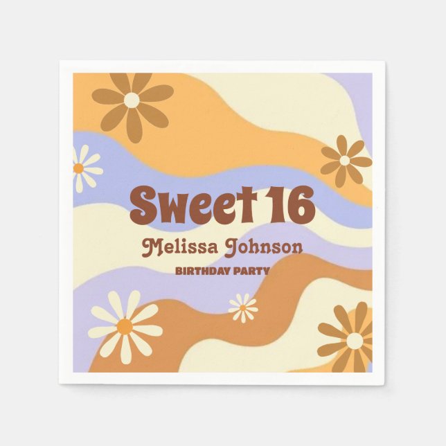 Färgfull Hippie Flower Retro Groovy Sweet 16 Pappersservett (Framsidan)