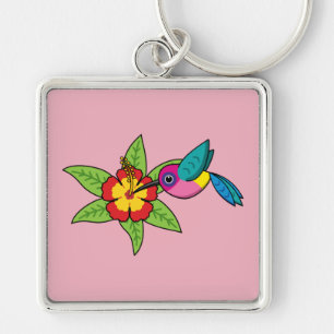 Färgfull Hummingbird på Hibiscus Tropiska Flower Fyrkantig Silverfärgad Nyckelring