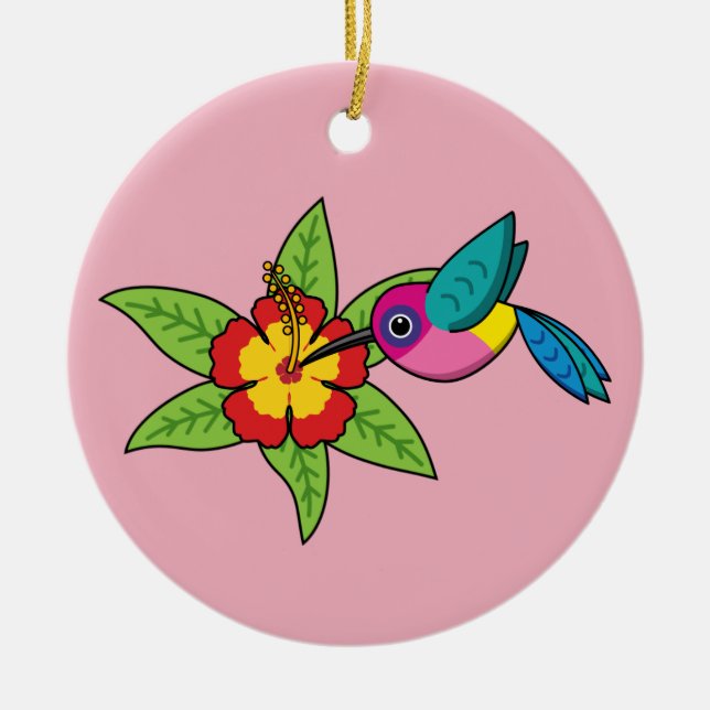Färgfull Hummingbird på Hibiscus Tropiska Flower Julgransprydnad Keramik (Framsidan)
