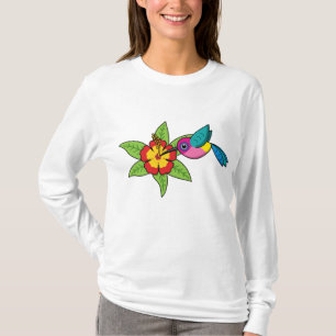 Färgfull Hummingbird på Hibiscus Tropiska Flower T Shirt