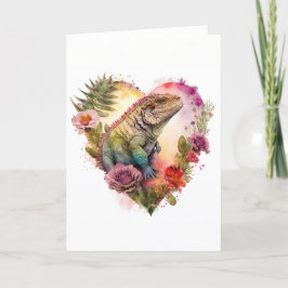 Färgfull Iguana på blomsterhjärtans dag Helgkort