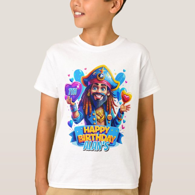 Färgfull illustration av Pirat födelsedag för barn T Shirt (Framsida)