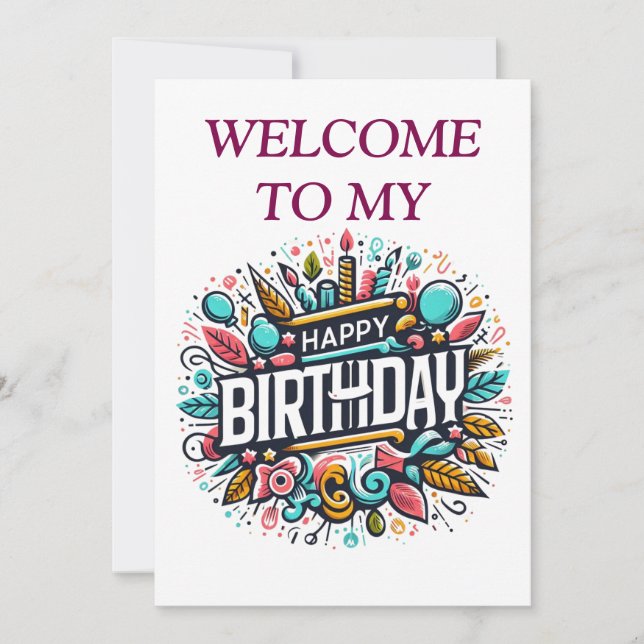 Färgfull, illustrerad födelsedag - Unik, framträda Inbjudningar (Framsida)