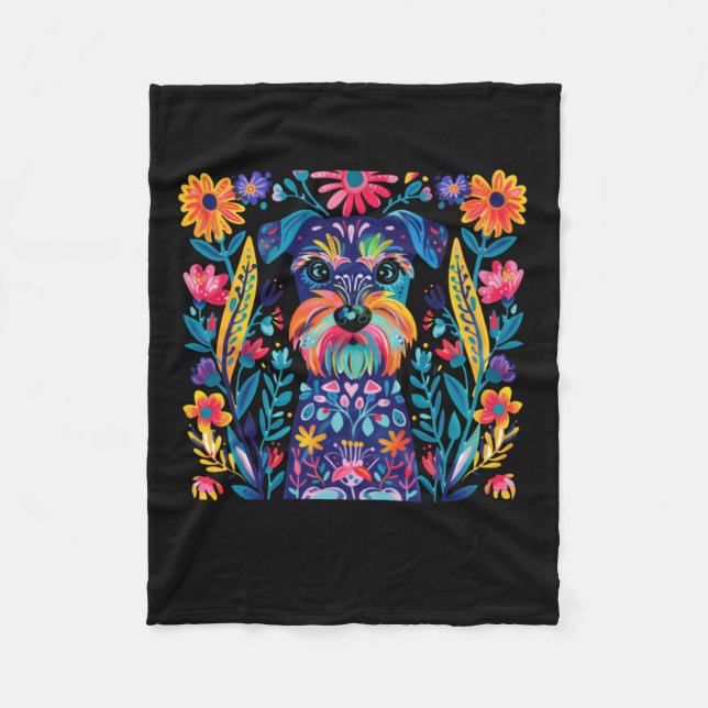Färgfull illustrerad Hund med Blommigtens bakgrund Fleecefilt (Framsidan)
