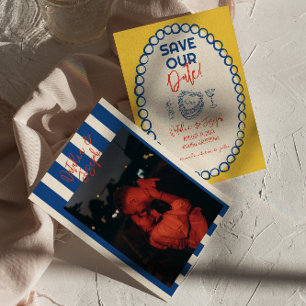 Färgfull Illustrerad ritad Quirky Photo Bröllop Spara Datumet