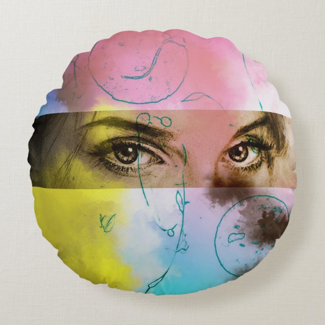 Färgfull illustrerad runt kudde - Sare (Framsidan)