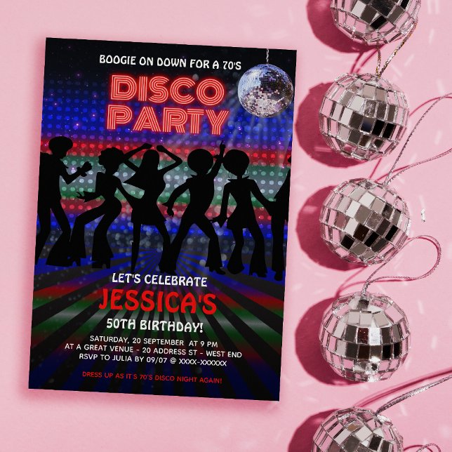 Färgfull inbjudan från 70s Disco Dancing Party (Time to get you groove on with our out of sight, 70s Disco Party birthday invitation. )