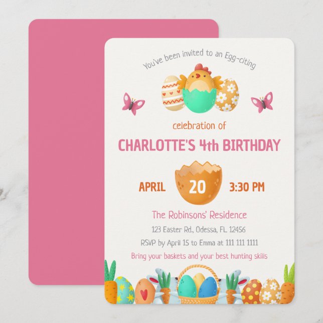 Färgfull inbjudan till Påsk Girls födelsedag (Fram/baksida)