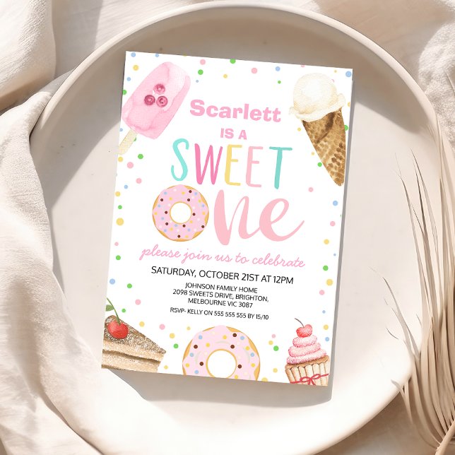 Färgfull iskräm, kummelsötad en första födelsedag inbjudningar (Girls Pink Sweet One 1st Birthday Invitation, Sweet One Themed First Birthday Invite, Cake Ice Cream)