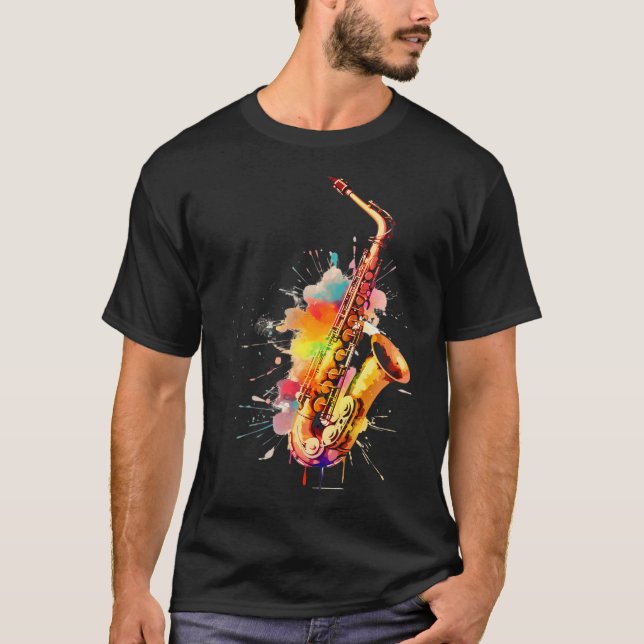 Färgfull Jazz Saxophone Player T Shirt (Framsida)