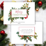 Färgfull julafton-Blommigt med etikett Julkort<br><div class="desc">Godig och färglös spray av blommor av helgdag med gräs grenar,  poinsettias,  blommar av dogträ,  löv och holly med blankt etikett för din personanpassning. Baksidan har kompletterande grafik på blommigten och extra fält.</div>