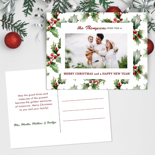 Färgfull julafton Holly One-Photo Helg Vykort (Skapare uppladdad)