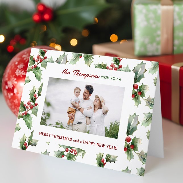 Färgfull julafton Holly One-Photo Helgkort (Skapare uppladdad)
